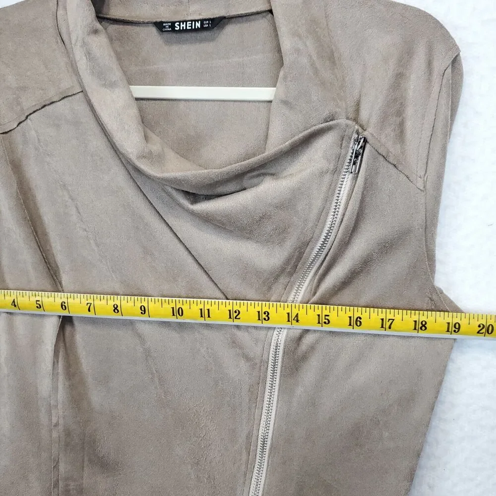 Shein Drape Neck Inside Out Blazer Top Women L Long Sleeves Front Zip Taupe - Picture 5 of 13